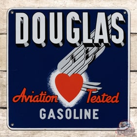 Fantastic Douglas Aviation Tested Single Sided Porcelain Pump Plate Sign w/ Heart Logo