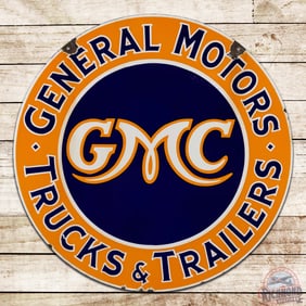 Scarce GMC General Motors Trucks & Trailers 30" Double Sided Porcelain Sign