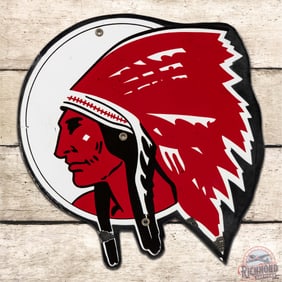 Rare Red Indian Gasoline Die Cut Single Sided Porcelain Pump Plate Sign