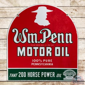 Wm. Penn Motor Oil "That 200 Horse Power Oil" Double Sided Porcelain Tombstone Sign w/ Logo