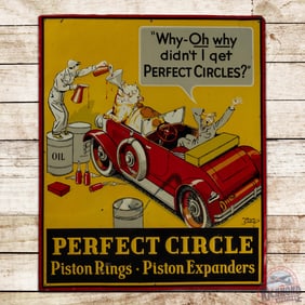 Perfect Circle Piston Rings Emb. Single Sided Tin Sign w/ Oil Hog & Automobile