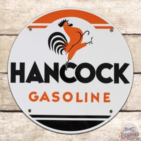 Exceptional Hancock Gasoline Single Sided Porcelain Pump Plate Sign w/ Rooster
