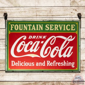 1933 Fountain Service Drink Coca-Cola "Delicious and Refreshing" Double Sided Porcelain Sign w Frame