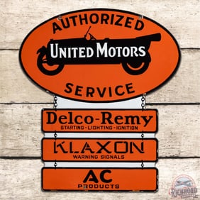 Amazing United Motors Authorized Service DS Porcelain Sign w/ Delco-Remy Klaxon & AC Products