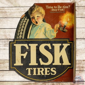 Scarce Fisk Tires "Time to Re-tire?" Double Sided Tin Die Cut Flange Sign w/ Boy