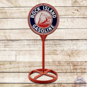 Scarce Rock Island Gasoline Double Sided Porcelain Curb Sign