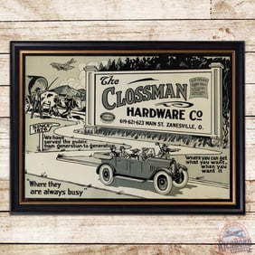 Impressive NOS Clossman Hardware Co. Single Sided Tin Sign w/ Early Touring Car & Plane Graphics