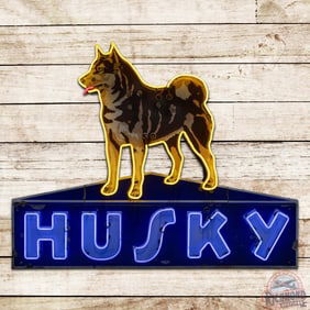 Husky Gasoline Die Cut Single Sided Porcelain Neon Sign w/ Dog Logo