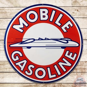 1958 Mobile Gasoline 6' Double Sided Porcelain ID Sign w/ Salt Flat Race Car