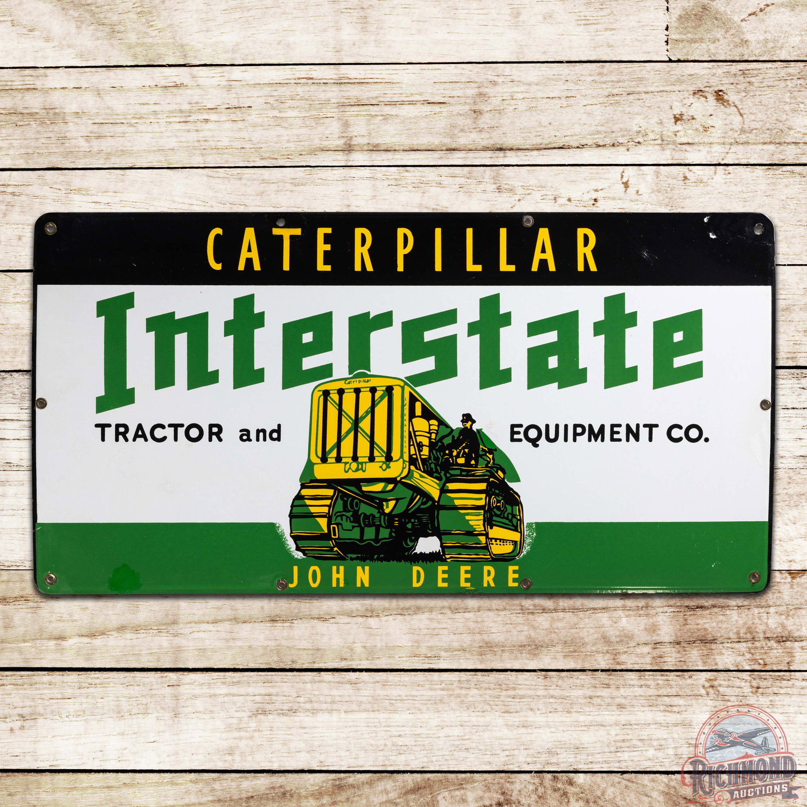 Interstate Tractor and Equipment Co. Caterpillar John Deere SS Porcelain Sign w/ Crawler Tractor: Scarce SSP (single sided porcelain) sign has outstanding color and gloss. The sign features a rare combination of Caterpillar and John Deere advertising with crawler tractor graphics. The field exhibi