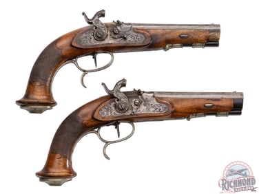 Antique German Pair of Percussion Pistols Made by G.N. Moritz of Zella, Germany