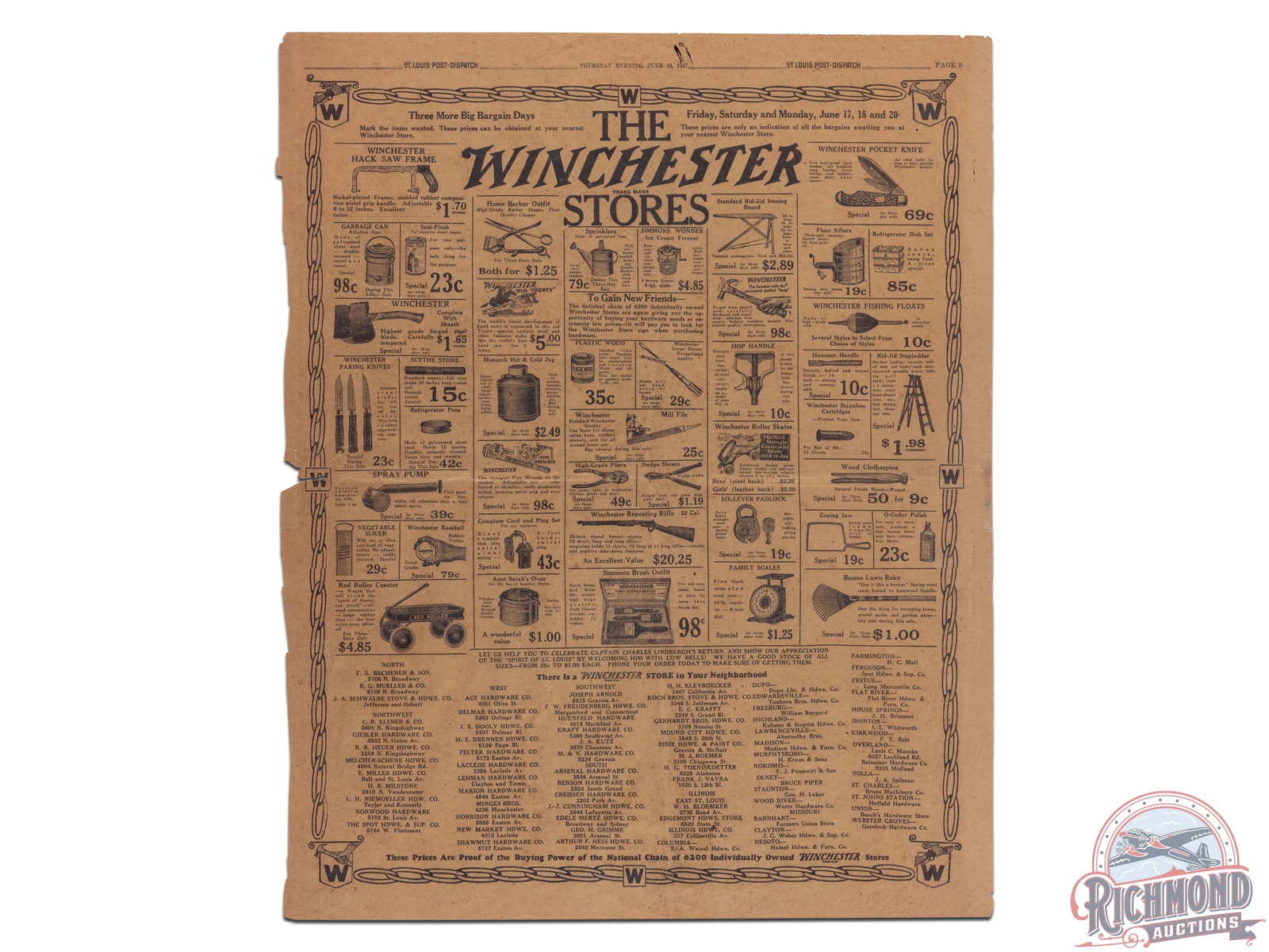 1927 Winchester St. Louis Post Dispatch Advertising Poster: Single sided St. Louis Post Dispatch Winchester Store advertising poster. The poster exhibits fold marks with small tears and loss along the perimeter. The poster has been shrink-wrapped and secured t