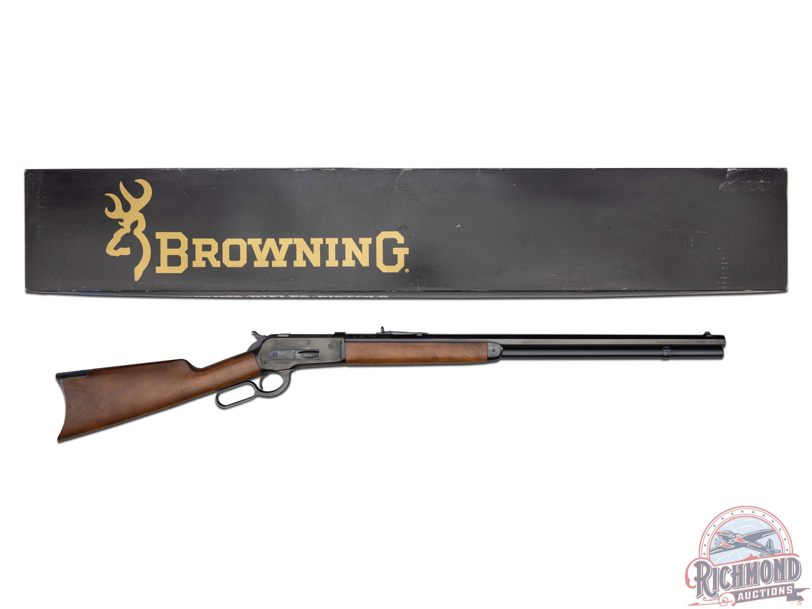Nice Browning 1886 Octagon .45-70 GOVT Lever Action 26" Rifle in Factory Box: Manufactured in 1986 by Browning. Features a 26" blued octagon barrel with rear semi-buckhorn sight and blade with brass bead front sight. Full barrel length tubular magazine chambered for .45-70 Gove