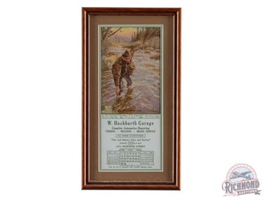 1930 W. Hackbarth Garage Framed Advertising Calendar w/ Fishing Scene Philip R. Goodwin