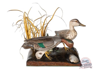 Brice Tyler Signed 1980 "Unaware" Pair Green Winged Teal Wood Carved Duck Sculpture