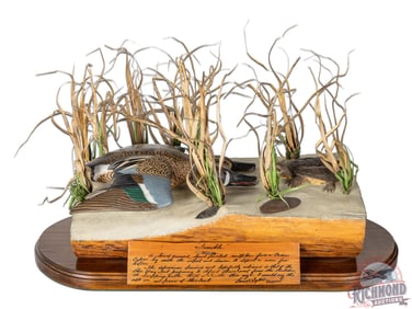 Brice Tyler Signed "Trouble" Cedar Cypress Carved Pair Blue Winged Teal Duck & Turtle Sculpture