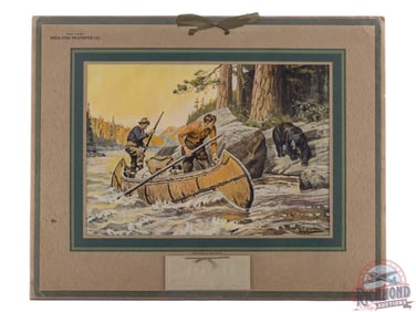 1929 Midland Transfer Co. Lithograph Advertising Calendar w/ Bear & Canoe Scene Philip R. Goodwin