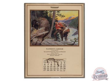 1929 Flanery's Garage Advertising Calendar w/ Bear Hunt Scene Philip R. Goodwin