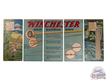 Complete 1924 Winchester "Steel Goods" & "Split Bamboo Rods" 5 Panel Display Sign