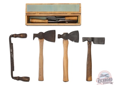6 Piece Winchester Carpentry Tool Lot Featuring Hatchets, Draw Knife, and Wood Chisels