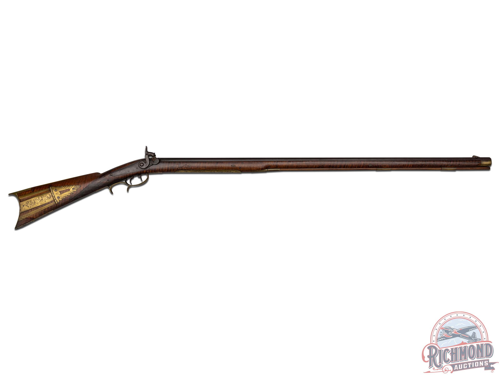 Antique Percussion Kentucky Rifle Signed D.P. Brown of Lancaster, PA: Made by David P. Brown of Lancaster, PA. Brown worked from 1840 to 1857. The rifle is 54" overall with a 38-1/2" octagon .45 caliber rifled barrel with silver blade front sight and rear notch sight. T