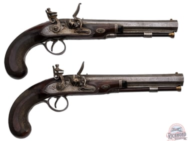 Antique Pair of Early Flintlock Pistols by William Palmer of Rochester, Kent, England