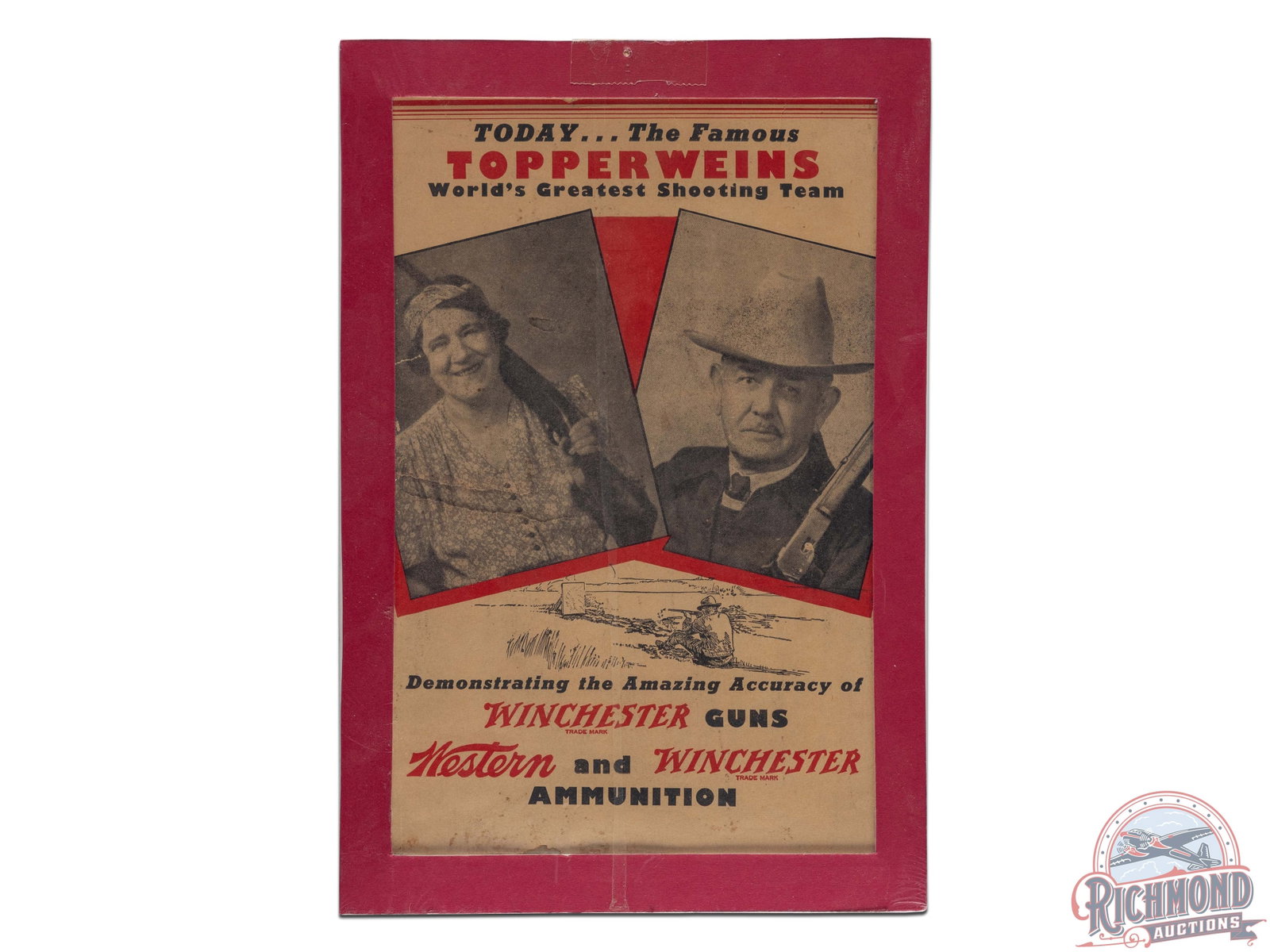 Winchester Guns and Ammunition Topperweins Shooting Team Advertising Poster: Single-sided advertising poster depicting the famous Topperweins World's Greatest Shooting Team. The poster has good color with areas of discoloration and a 1.5" tear in the left field which proceeds 