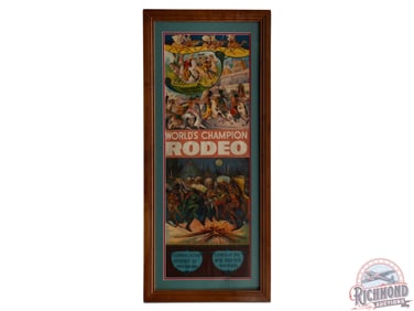 Early "World's Champion Rodeo" Framed Lithograph Pioneer Poster w/ Cowboy & Native American Riders