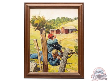 Hunter & Spotter in Rolling Landscape Oil on Masonite Signed Framed Art Painting Malvin Singer