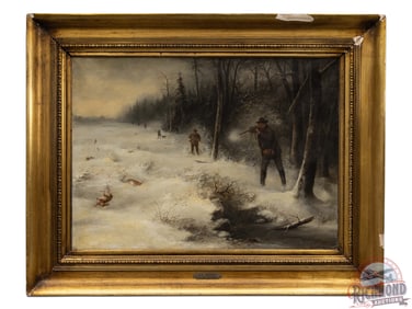 JF Hoffman Painting Oil on Canvas Winter Scene w/ Theodore Roosevelt Rabbit Hunting