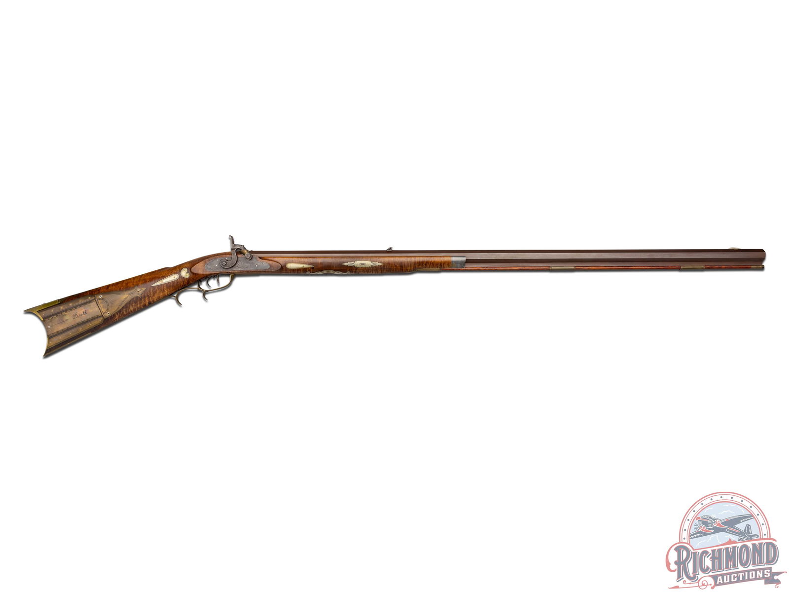 David Bailey Stamped Contemporary Huntingdon County, PA Style Half-Stock Percussion Kentucky Rifle: Made in 1977 by or for David Bailey. The rifle measures 56"overall with a browned 40-1/2" octagon .45 caliber rifled "G.R. Douglas" "XX" marked barrel with hunting sights and stamped "David Bailey 197