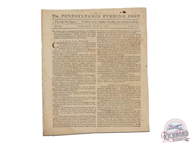 1776 Pennsylvania Evening Post Detailing The Treatment Of Col. Ethan Allen Ex Lattimer Collection