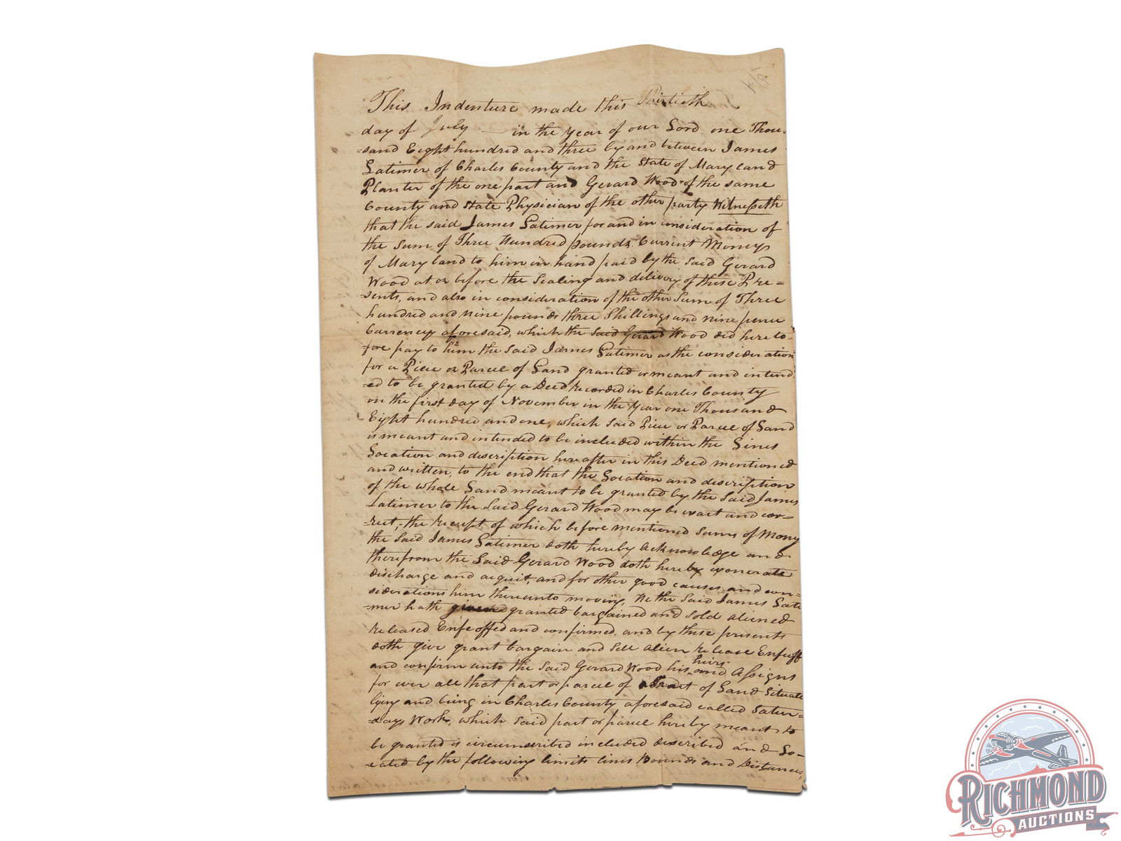 Indentured Servant Document Dated 1803 Ex Lattimer Collection: Two-page letter stating an Indentured Servant Agreement between James Latimer and Physician Gerard Wood, of Charles County, Maryland, to work on a parcel of land belonging to Wood in 1803. Dr. John K.