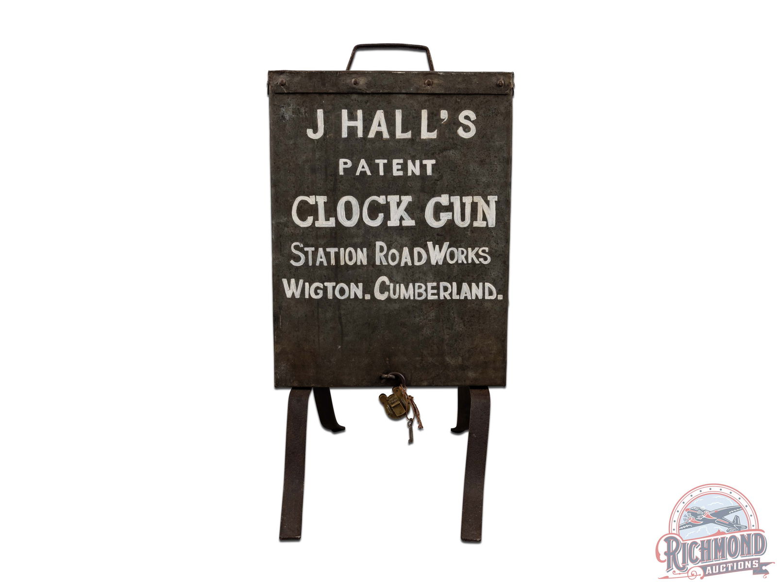 Antique John Hall Automatic Clock Gun for Scaring Birds: Made by John Hall of Wigton, Cumberland, MD circa 1890. Box measures 15-1/2" tall by 8" wide and 12" across. Box is steel with "John Hall's Patent Clock Gun Station Road Works Wigton, Cumberland" pain