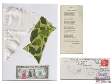 D-Day Parachute Fragments & Dollar Bill Signed by "Mother of Normandy" Simone Alexandre Renaud