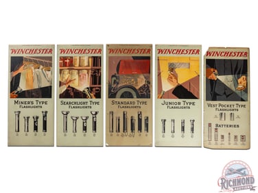 Complete 1923 Winchester "Five Flashlight Scenes" & "Five Tool Scenes" 5 Panel Display Sign