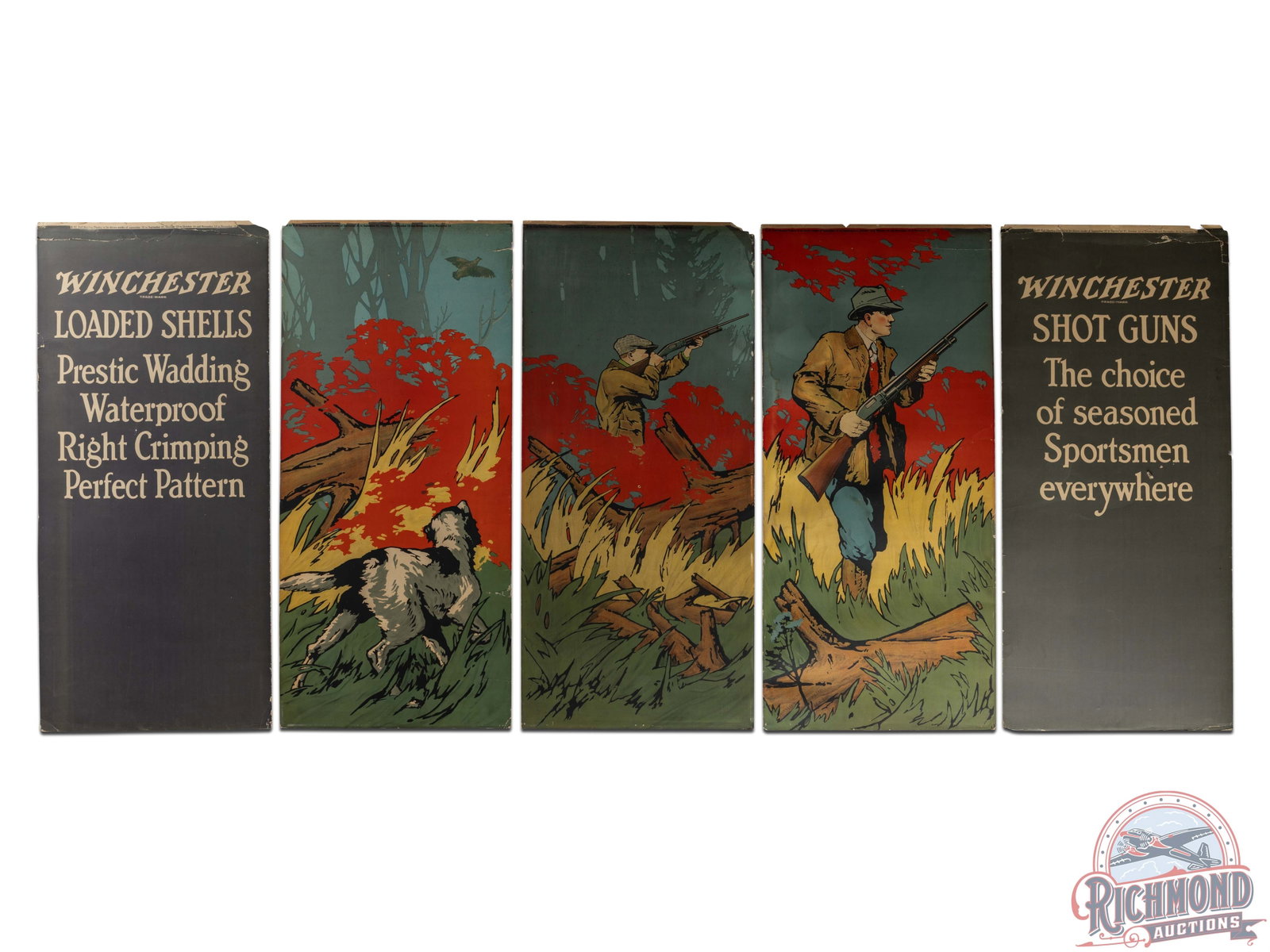 Complete 1921 Winchester "Canning, Paring Knives", & "Grouse Hunting" 5 Panel Display Sign: Complete double sided five panel display featuring "Canning, Paring Knives" used Aug. 11-17, Sept. 1-7, 1921, and "Grouse Hunting", used Sept. 15-21, Nov 10-16, 1921. The panels present with excellent
