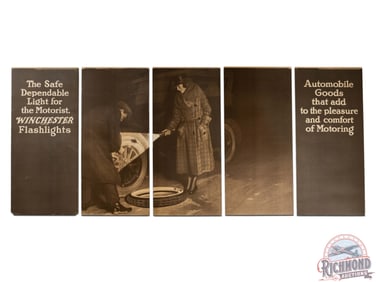 Complete 1921 Winchester "Flashlight Changing Tire" & "Poultry Yard" 5 Panel Display Sign