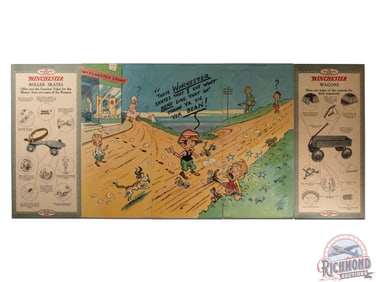 Complete 1928 Winchester "Roller Skating & Kitchen Cutlery Comedy" 5 Panel Display Sign