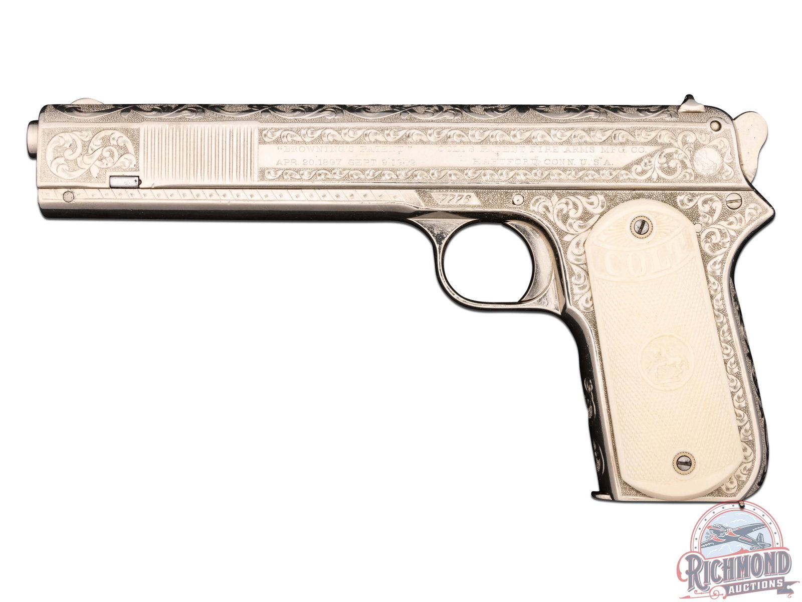Stunning Fully Engraved Colt 1902 Sporting .38 ACP Semi-Auto Pistol with Colt Archive: This beautiful pistol was manufactured by Colt in 1905. Features a 6" barrel, with rear notch and blade front sight. Left side of the slide is stamped "BROWNING PATENT / APR. 20 1897, SEPT 9, 1902 / C