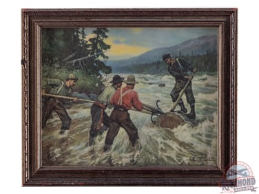 Phillip R Goodwin Framed Lithograph "The Spring Drive" River Scene w/ Loggers