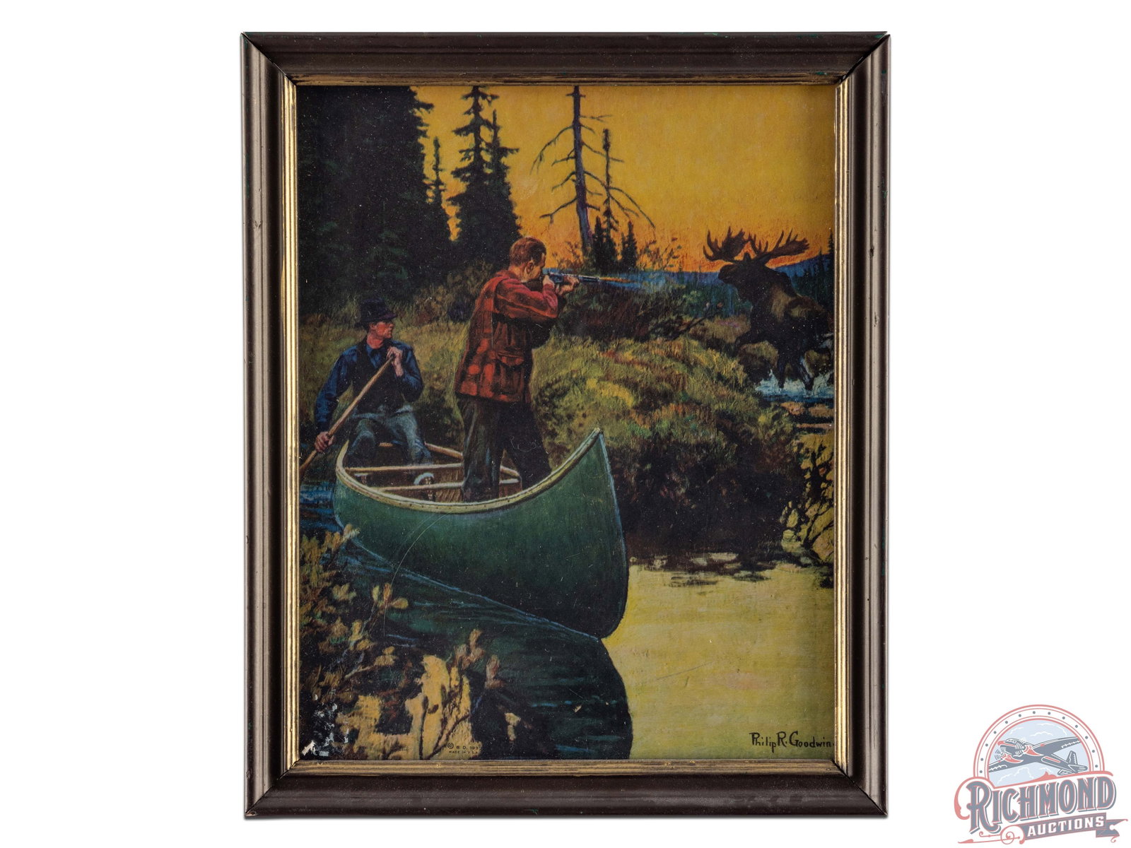 Philip R. Goodwin Framed Lithograph Sign w/ Moose Hunting Scene & Canoe: Impressive lithograph has been framed under glass with a wooden frame. The lithograph features an outdoor scene with men in a canoe hunting a moose. The lithograph has excellent color throughout and t