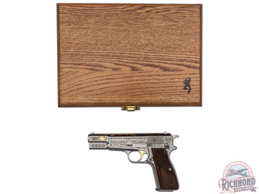 Belgian Browning Hi-Power 9mm Gold Classic Pistol w/ Oak Case by G. Marchal and J. Lewanczk