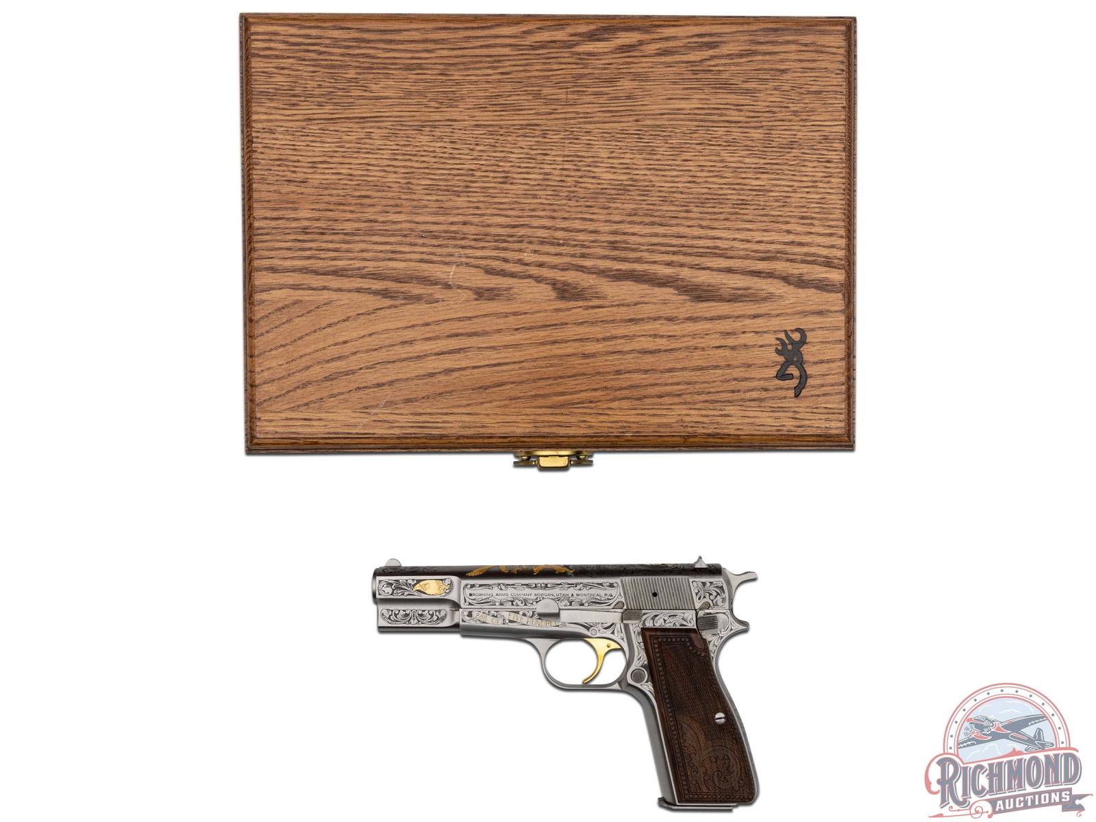 Belgian Browning Hi-Power 9mm Gold Classic Pistol w/ Oak Case by G. Marchal and J. Lewanczk: Manufactured in Belgium by FN for Browning. All standard Hi-Power markings. Features a 4-3/4" barrel, chambered for 9mm Luger with half-moon front sight and rear windage adjustable notch. Satin nickel