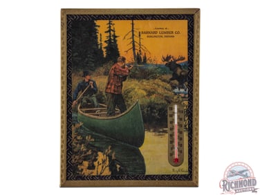Barnard Lumber Co. Burlington Indiana Thermometer w/ Canoe & Moose Hunting Scene Philip R. Goodwin