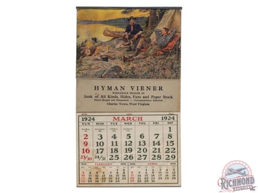 1924 Hyman Viener Hides Furs Dealer Calendar w/ Camping Scene Philip R. Goodwin Charles Town WV
