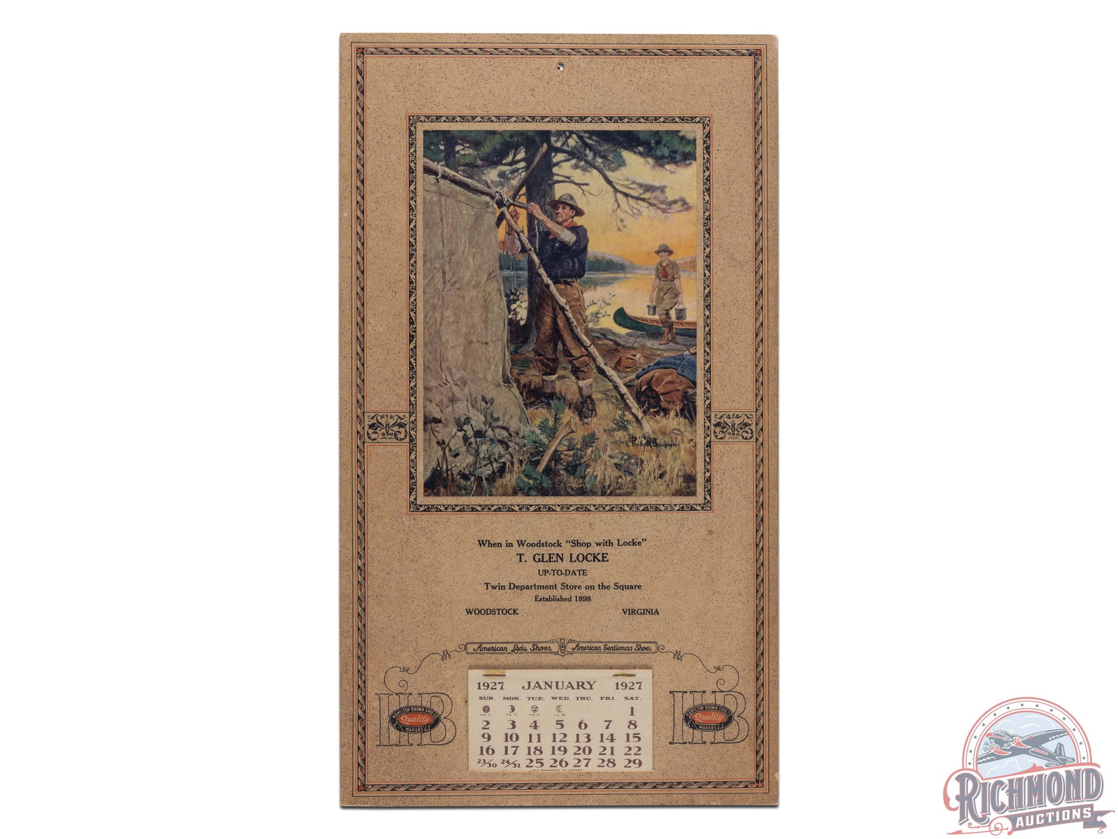 1927 T. Hamilton Brown Shoes Lithograph Calendar "The Great Outdoors" Philip R. Goodwin: Choice lithograph calendar sign for T. Glen Locke Twin Department Store on the Square, Woodstock, Virginia. The calendar features a camping scene by Philip R. Goodwin titled, "The Great Outdoors". The