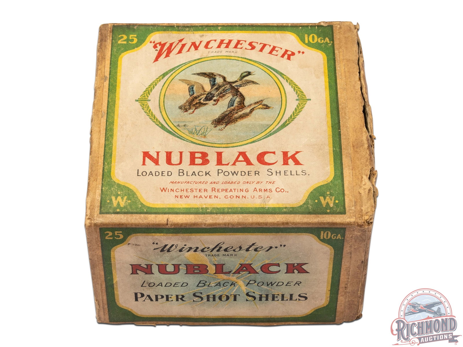 Full Box Winchester Nublack Black Powder Paper Shot Shells 10 GA with Mallard Ducks Two Piece: 25 rounds Winchester Nublack 10 Gauge, 1-1/8 oz, 6 shot shells. Green, yellow and red print with imagery of three Mallard ducks in flight. Four line black and red print; Loaded Black Powder Shells / M