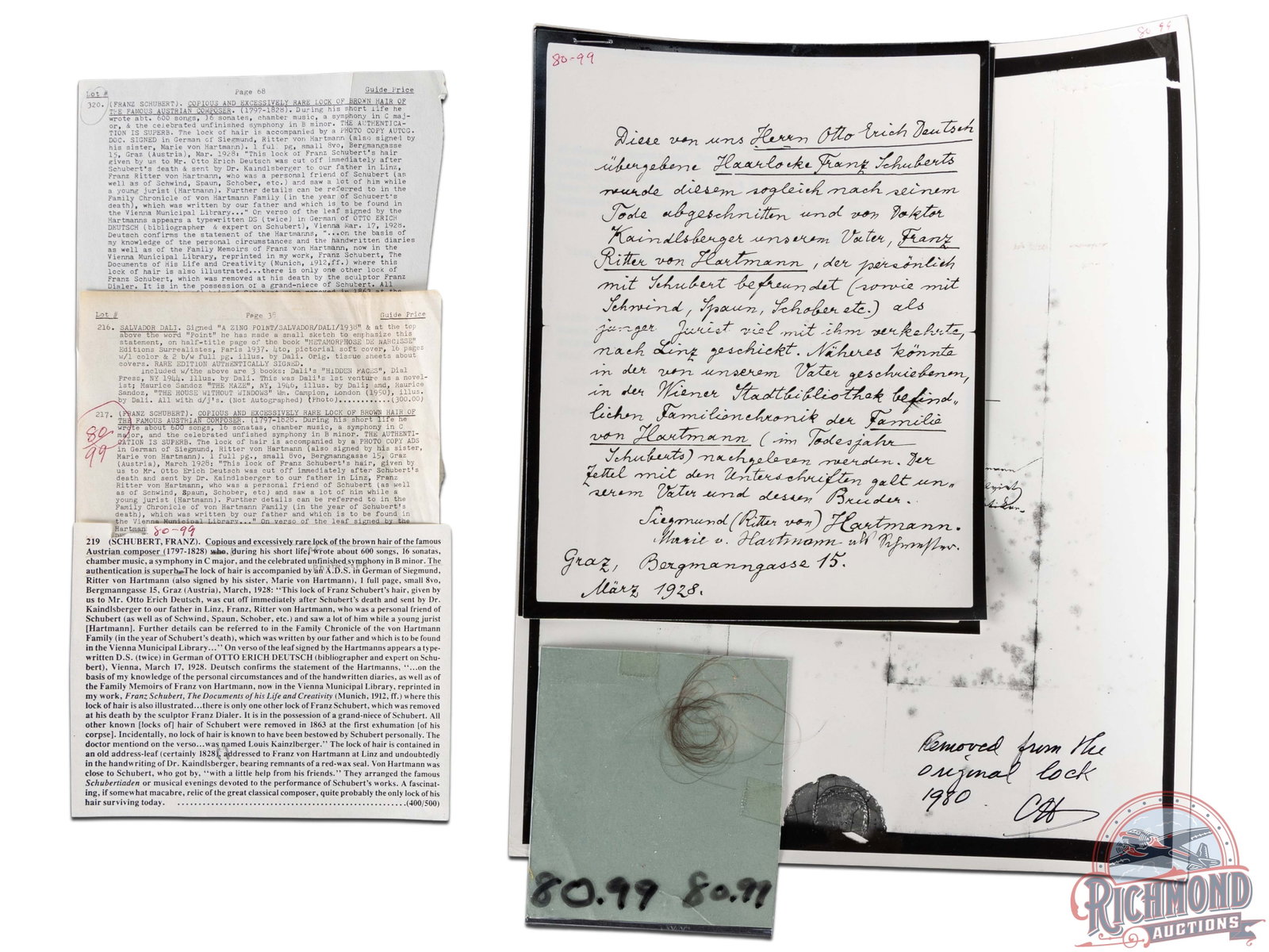 Lock of Hair From Famous Austrian Composer, Franz Schubert Ex Lattimer Collection.: This lot features a lock of hair taken from the composer at his death in 1828, by Dr. Kaindlsberger, and was sent to Franz Ritter Von Hartmann, who was a personal friend of the composer. The lock of h