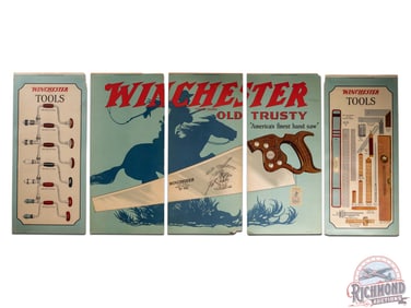 Complete 1924 Winchester "Large Paint Can" & "Large Hand Saw" 5 Panel Display Sign